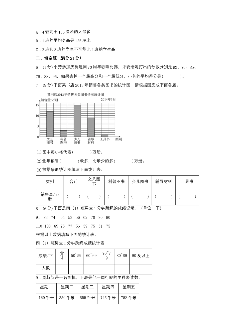 四年级上册数学分层训练A卷-第四单元 统计表和条形统计图（一）（单元测试）（苏教版，含答案）.docx_第2页
