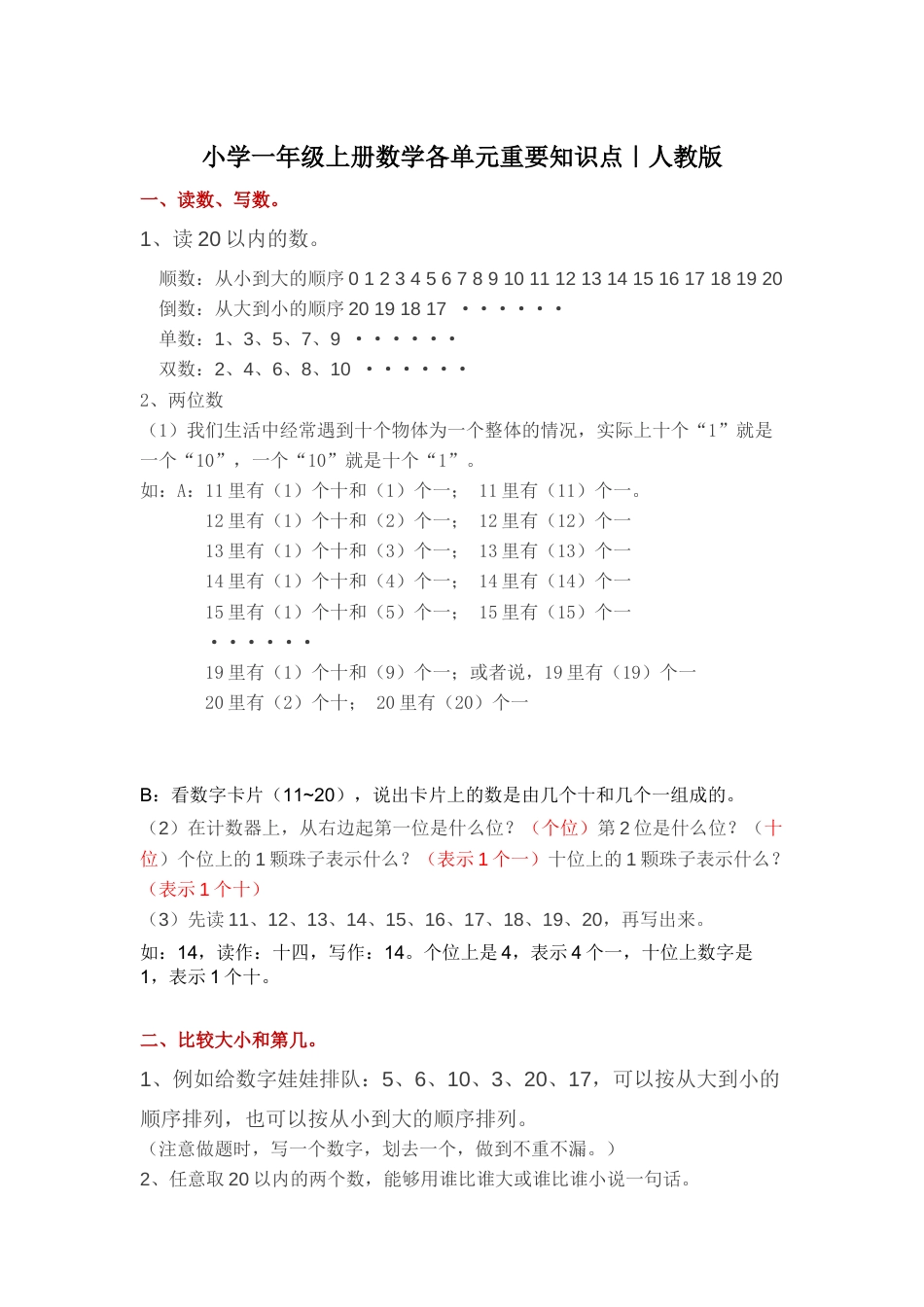 人教版小学一年级上册数学各单元重要知识点.docx_第1页