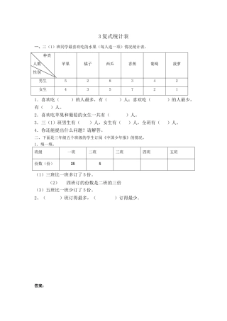 小学数学三年级下册课时练习-复式统计表.doc
