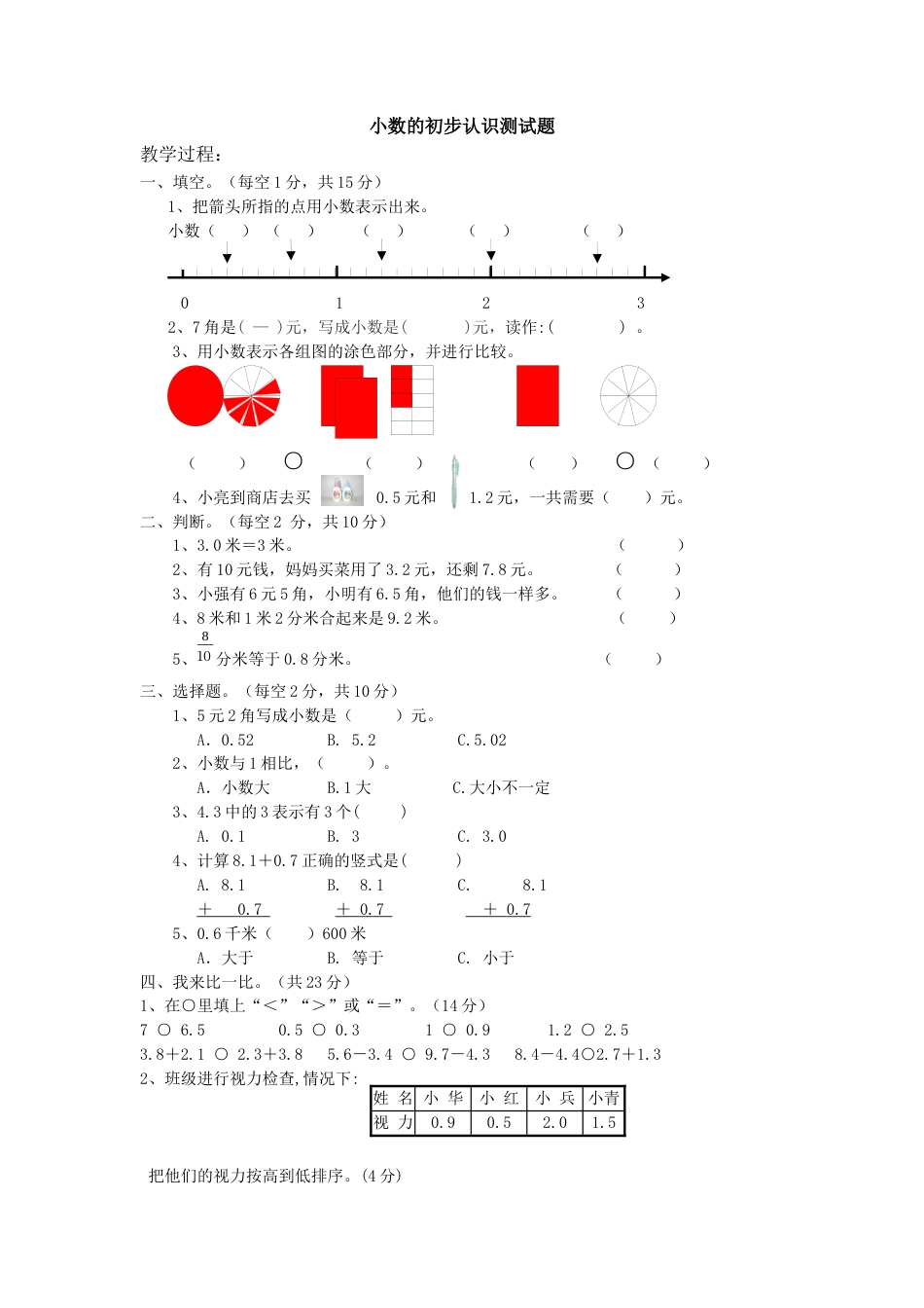 人教版三年级数学下册第七单元小数的初步认识单元测试题.docx_第1页