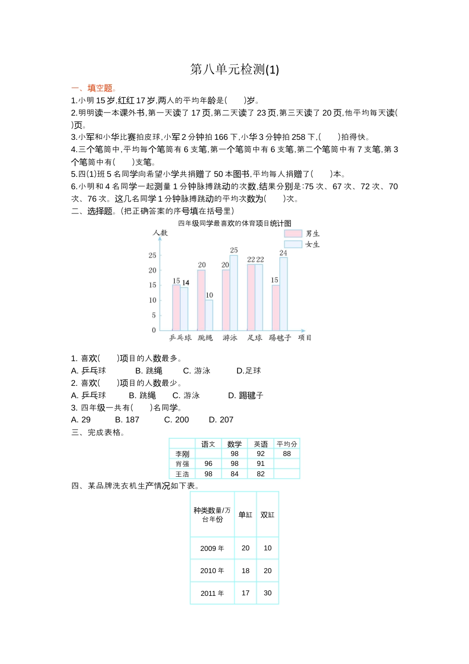 小学数学四年级下-第八单元检测1.docx_第1页