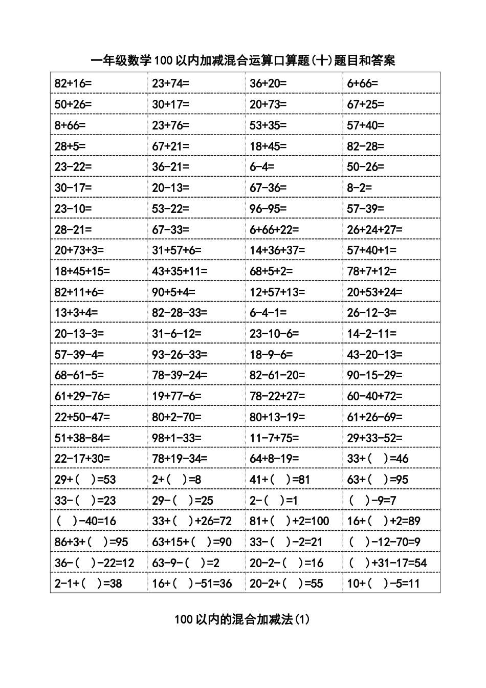 一年级数学100以内加减混合运算口算题(十)题目和答案.docx_第1页