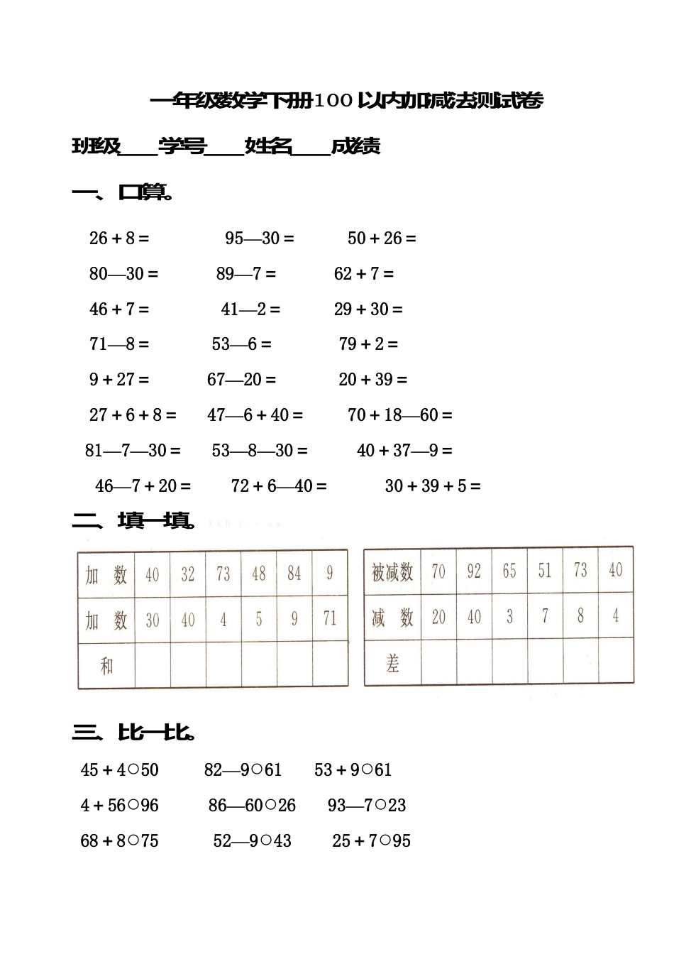 一年级数学下册100以内加减法测试卷(1).docx_第1页