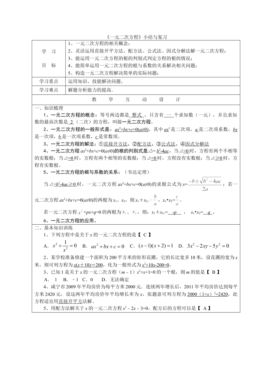 【人教版】九年级数学上册-21.4 《一元二次方程》小结与复习.doc_第1页