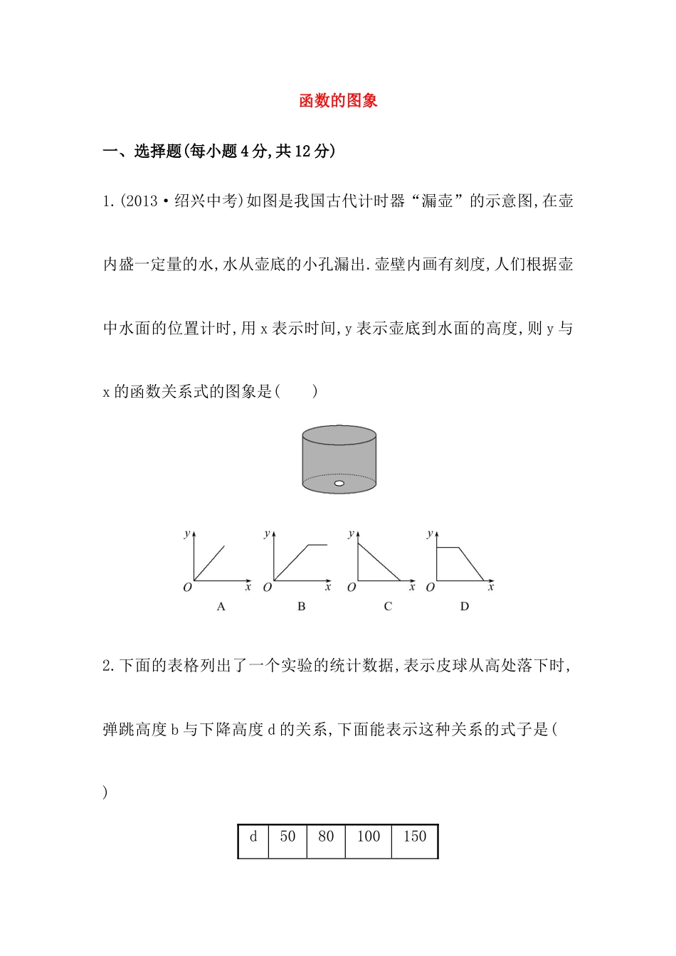 八年级数学下册知识点汇聚测试卷：函数的图象深入测试（含详解）.doc_第1页