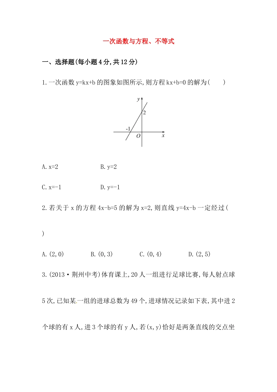 八年级数学下册知识点汇聚测试卷：一次函数与方程、不等式初级测试（含详解）.doc_第1页