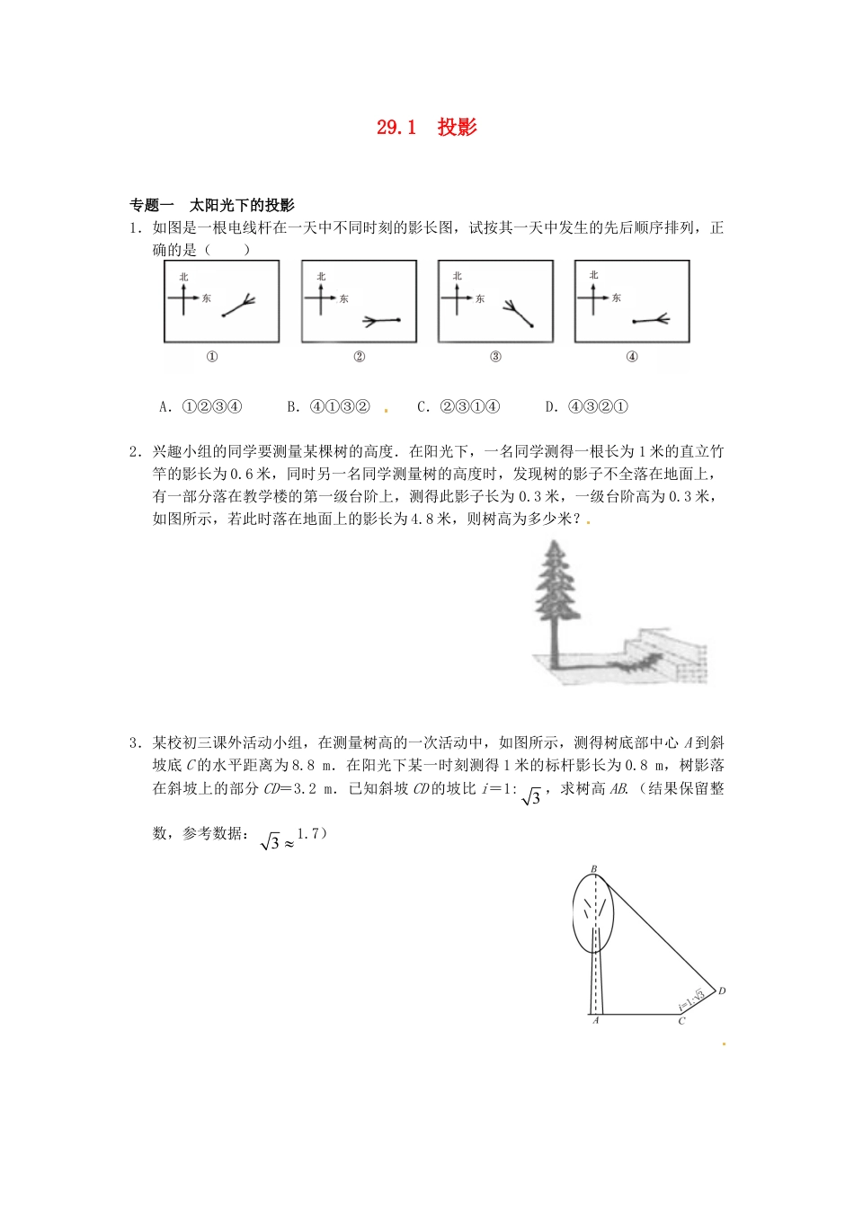 人教9年级数学下-29.1 投影同步练习3 新人教版.doc_第1页