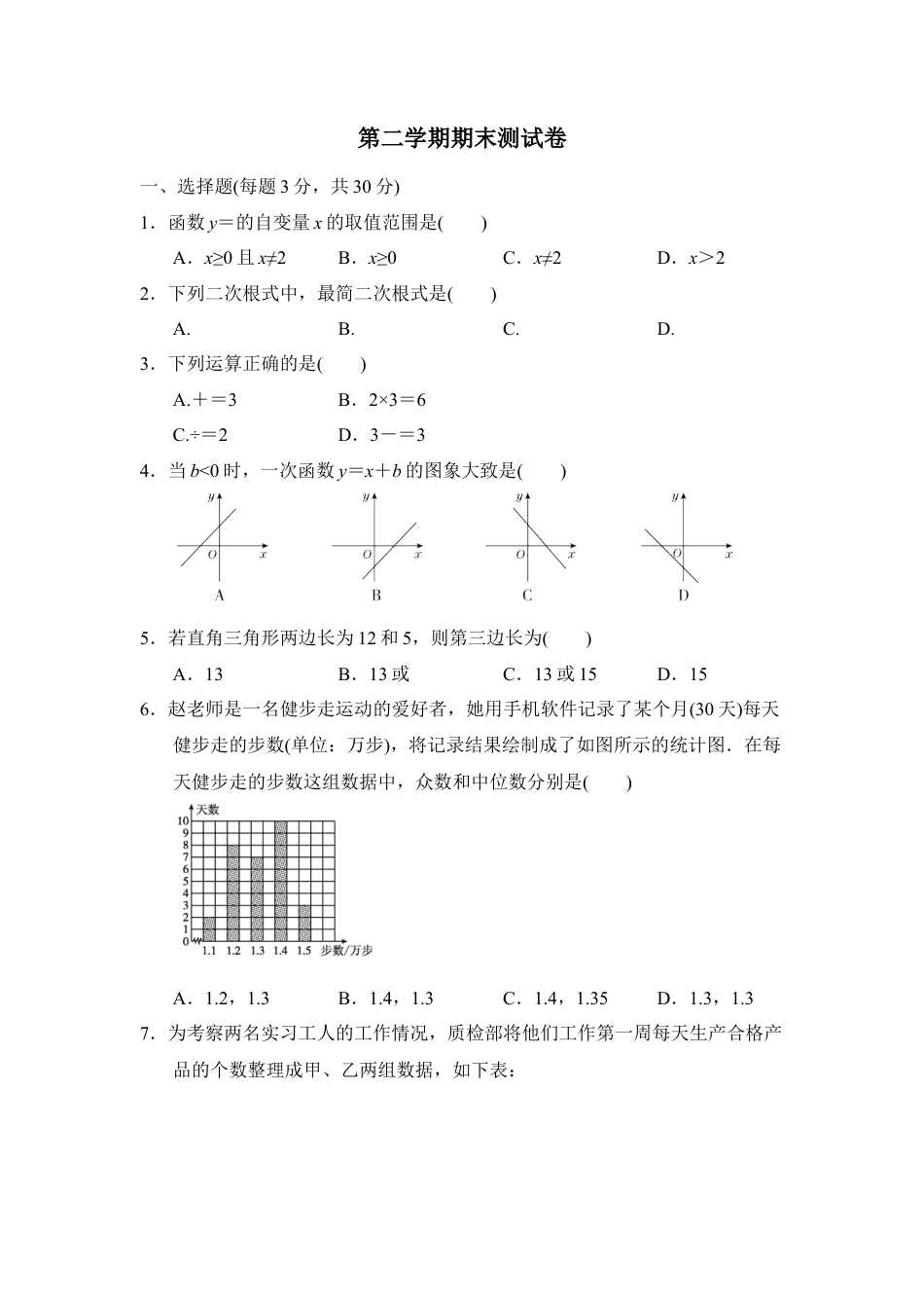 人教版8年级数学下册-第二学期期末测试卷.doc_第1页