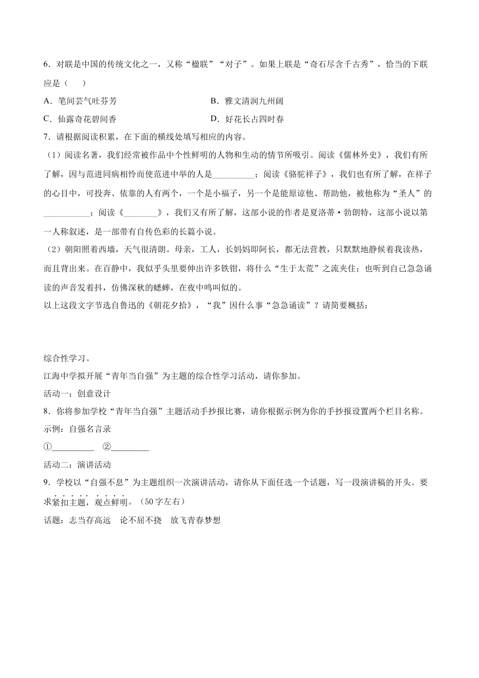 卷4-九年级语文下册综合检测必刷卷（全国通用）（原卷版）.docx_第2页