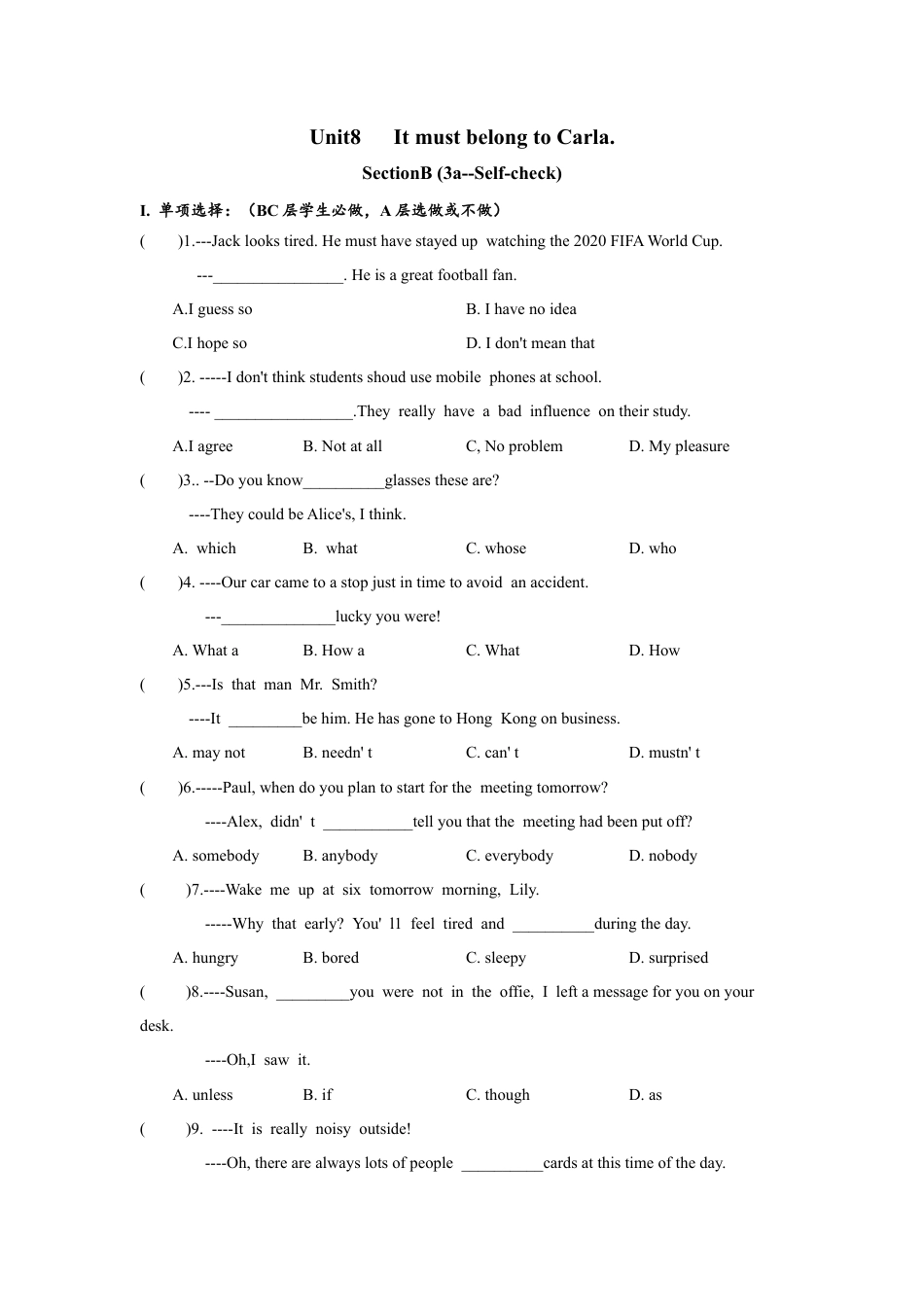 初中九年级英语-Unit8 SectionB(3a-self-check)分层练习设计.docx_第1页