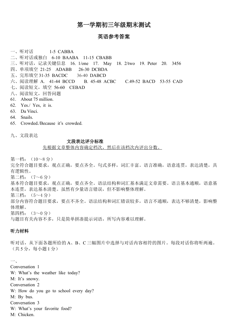 九年级上学期期末考试英语试题答案.docx_第1页
