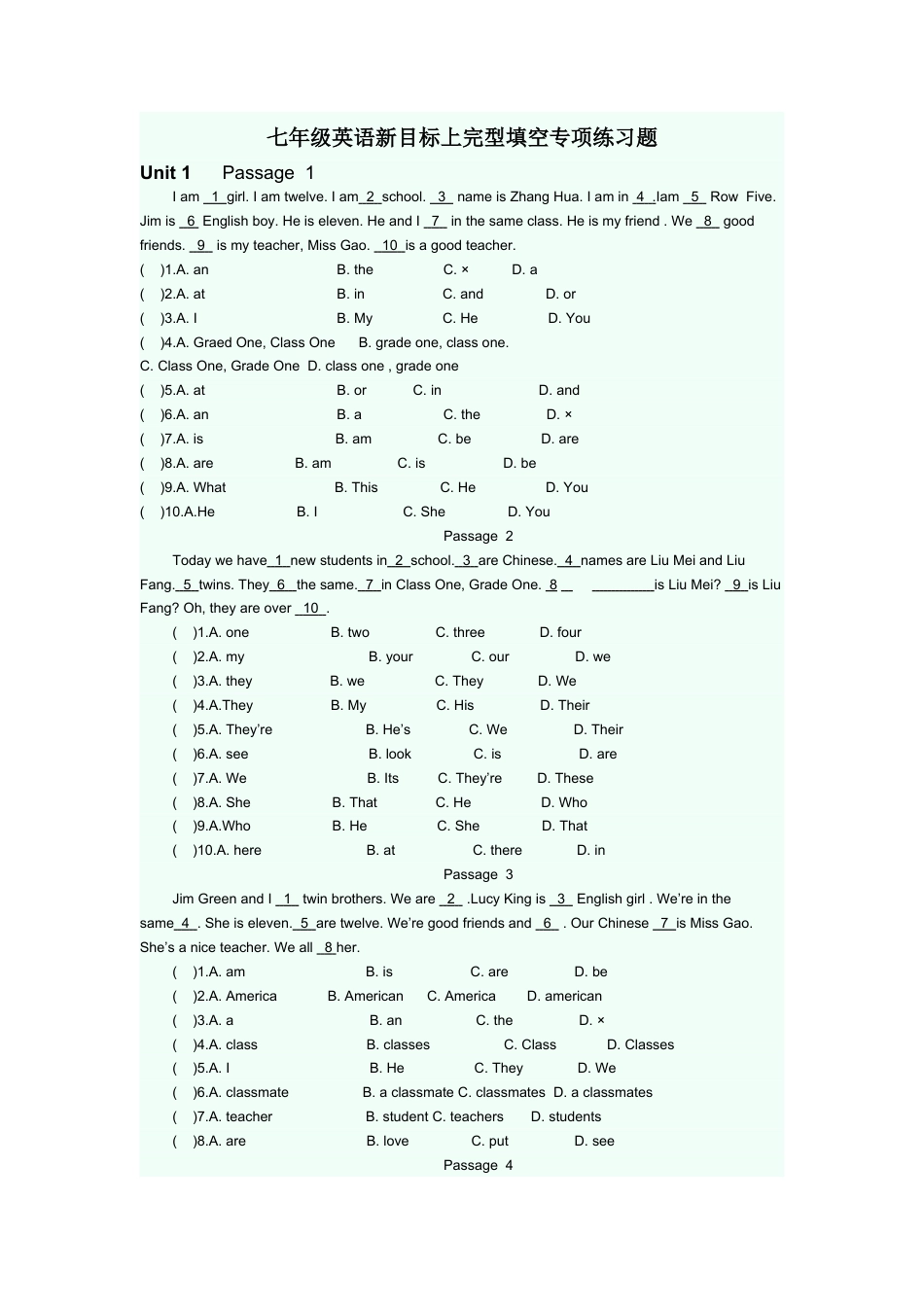 人教新目标七年级上学-完型填空专项练习题 1.doc_第1页