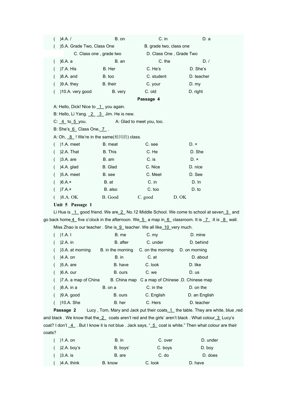 人教新目标七年级上学-完型填空专项练习题 2.doc_第2页