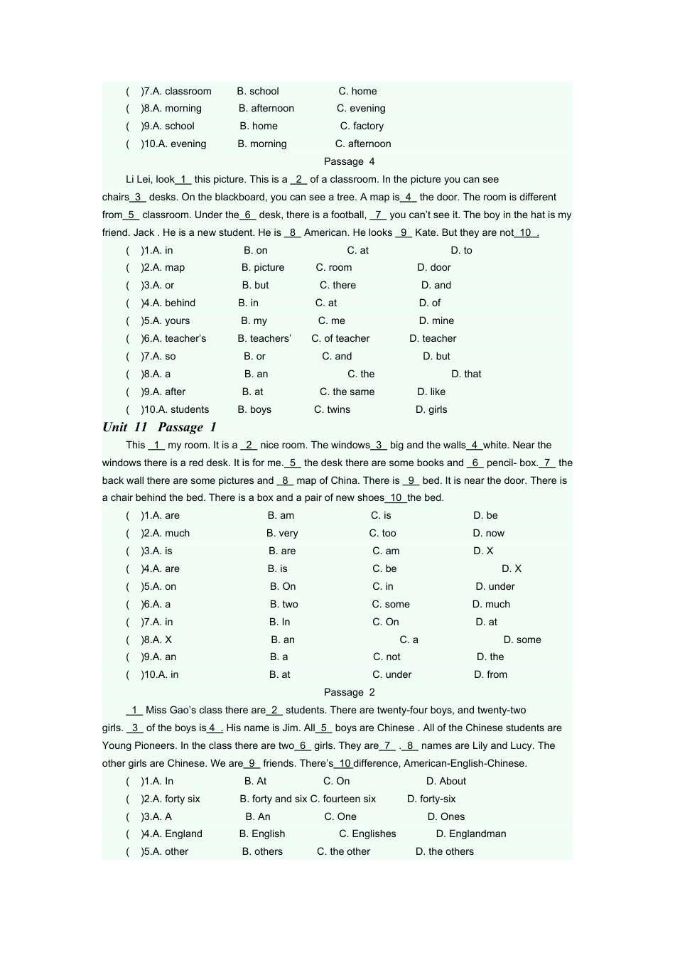 人教新目标七年级上学-完型填空专项练习题 4.doc_第2页