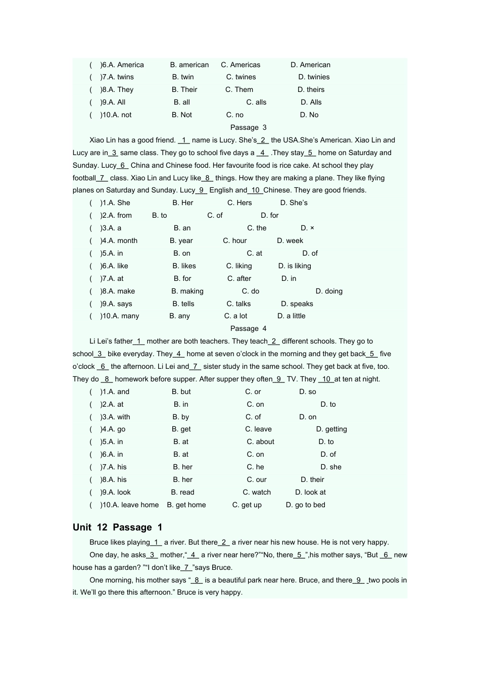 人教新目标七年级上学-完型填空专项练习题 4.doc_第3页
