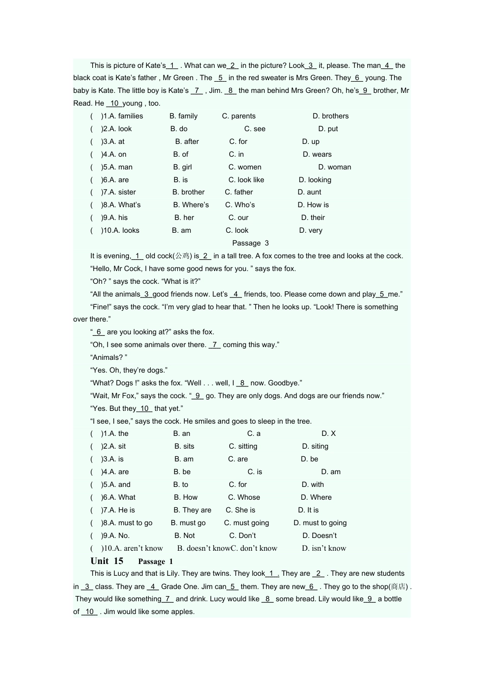 人教新目标七年级上学-完型填空专项练习题 5.doc_第3页