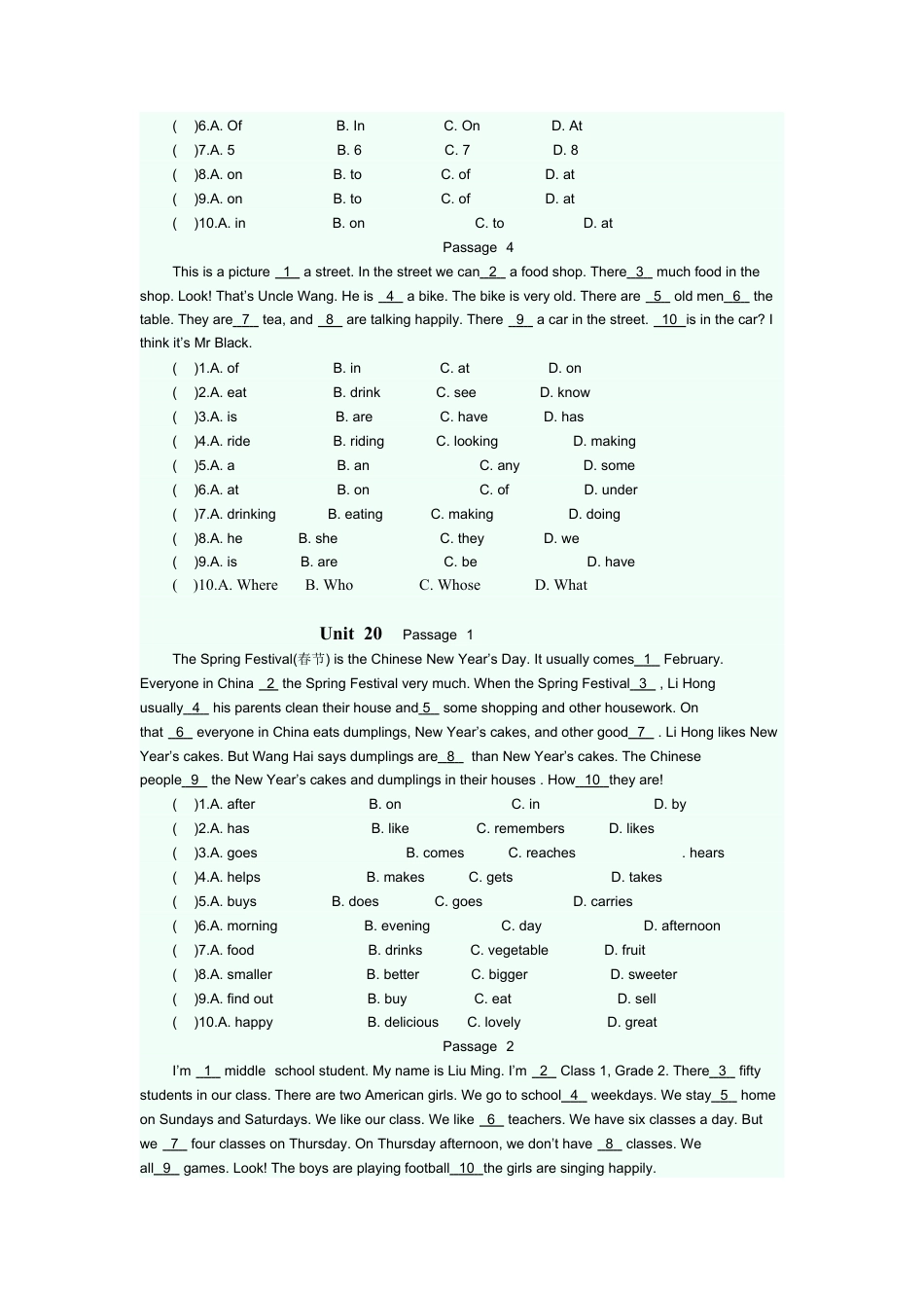 人教新目标七年级上学-完型填空专项练习题 7.doc_第2页