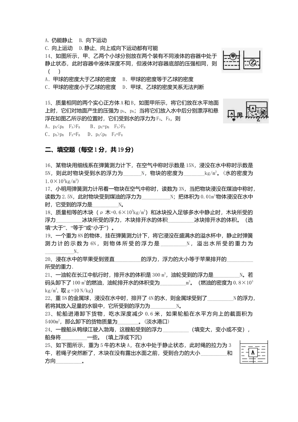 人教版八年级物理下册 第10章 浮力 单元测试题1.docx_第2页