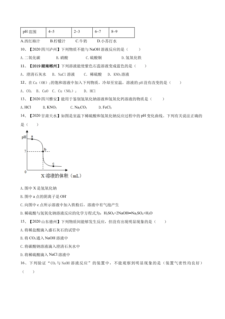 第十单元 酸和碱单元测试卷（A卷基础篇）（原卷版）-九年级化学下册同步单元AB卷（人教版）.docx_第2页