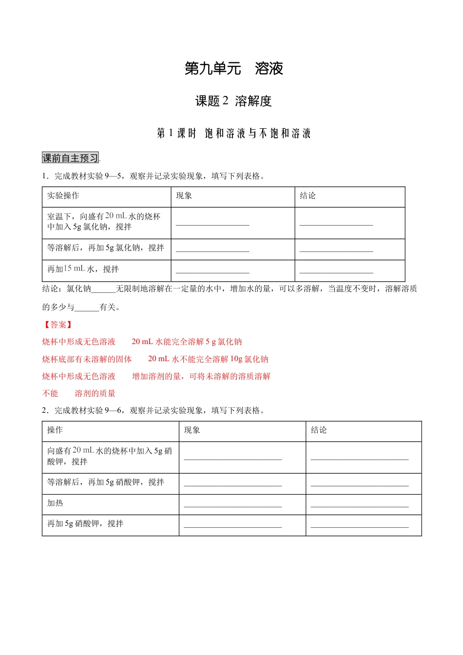 九年级化学下册-9.2.1 饱和溶液与不饱和溶液（人教版）（解析版）.docx_第1页