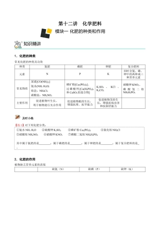 九年级化学下册-第12讲 化学肥料（原卷版）.docx