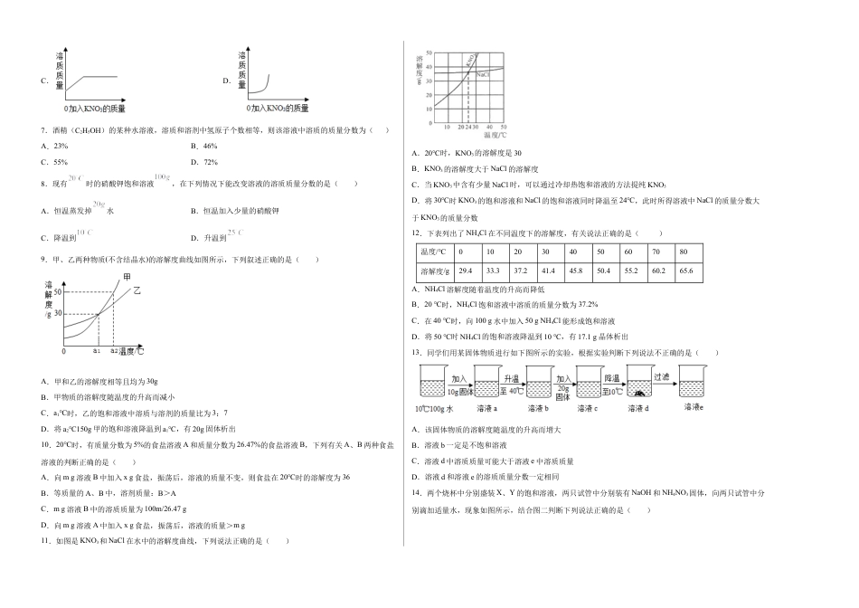 九年级化学下册-第九单元   溶液（选拔卷）（人教版）（考试版）.docx_第2页