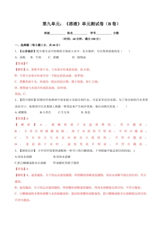 九年级化学下册-第九单元 溶液单元测试卷（B卷提升篇）（解析版）.docx