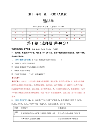 九年级化学下册-第十一单元   盐    化肥（选拔卷）（人教版）（解析版）.docx