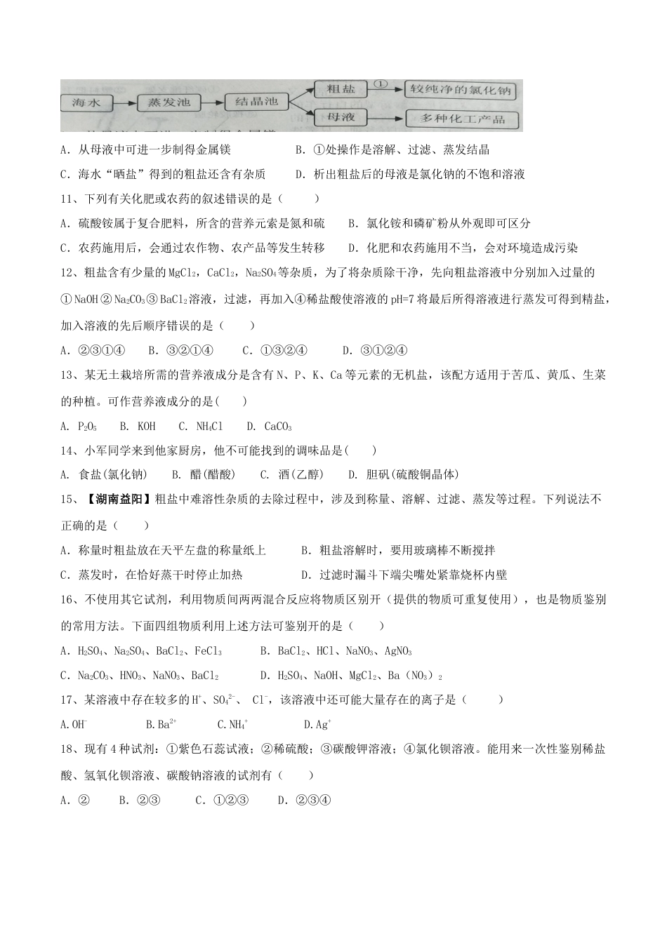 九年级化学下册-第十一单元 盐 化肥单元测试卷（A卷基础篇）（原卷版）.docx_第2页