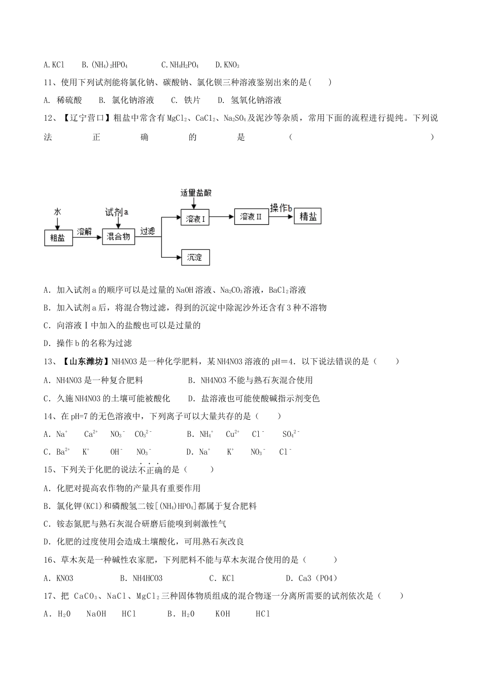 九年级化学下册-第十一单元 盐 化肥单元测试卷（B卷提升篇）（原卷版）.docx_第2页