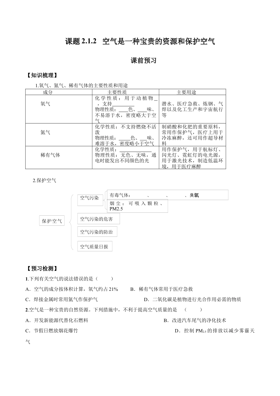 课题2.1.2  空气是一种宝贵的资源和保护空气-九年级化学上册同步分层作业（人教版）.docx_第1页