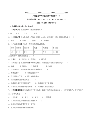 人教版化学九年级下期中模拟卷（一）（原卷版）.docx