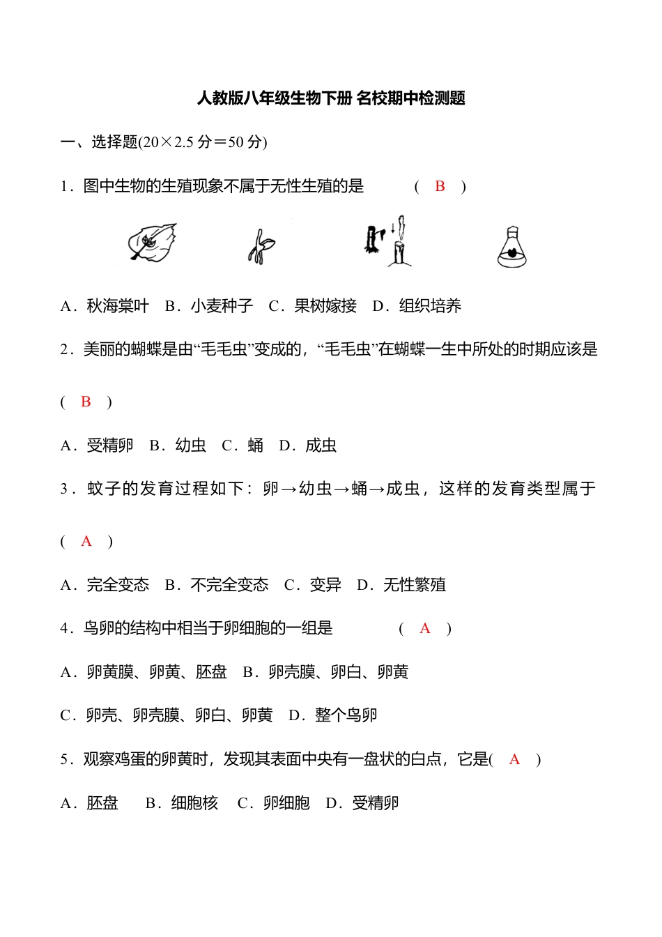 人教版八年级生物下册名校期中检测题（教师版）.docx_第1页