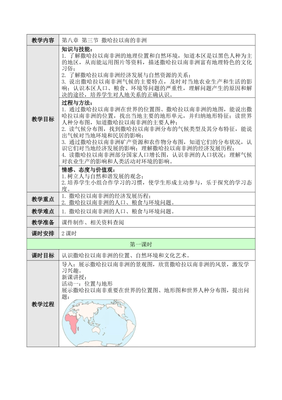 人教版七年级下册第八章第三节撒哈拉以南的非洲教案.docx_第1页