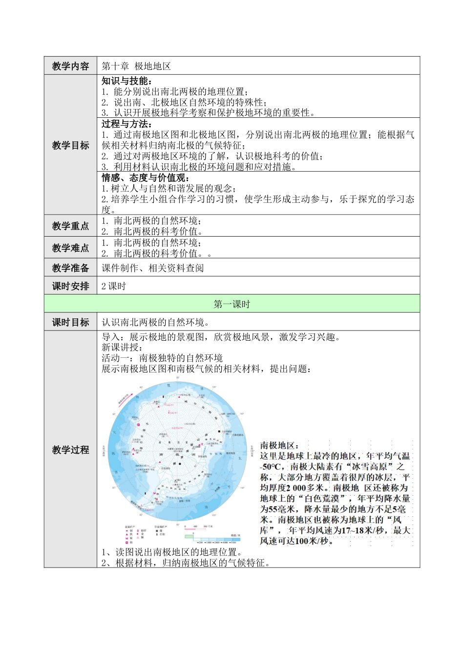 人教版七年级下册第十章极地地区教案.docx_第1页