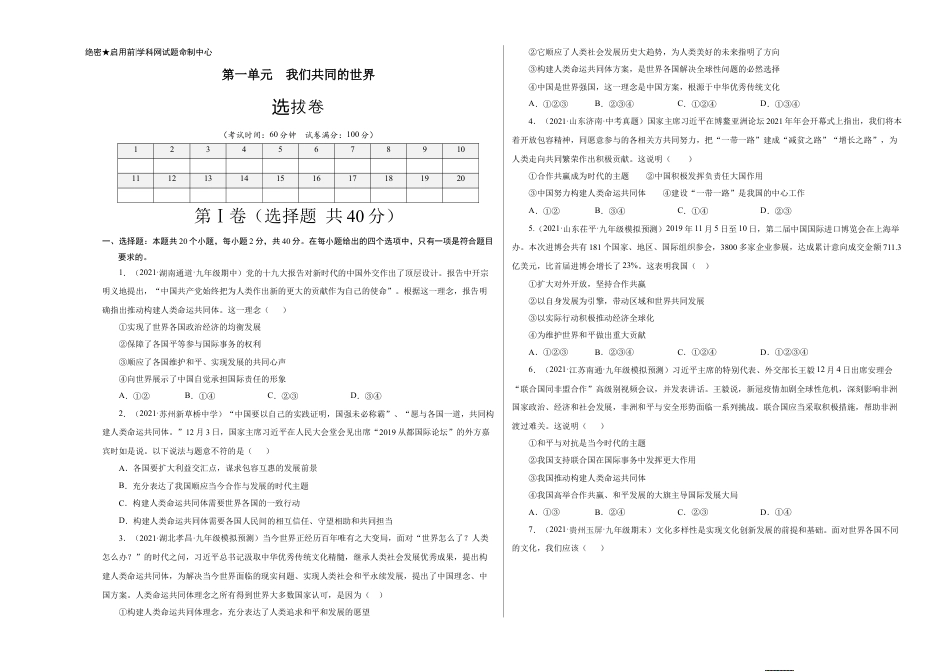 九年级道德与法治下册第一单元 我们共同的世界（选拔卷）（考试版）.docx_第1页