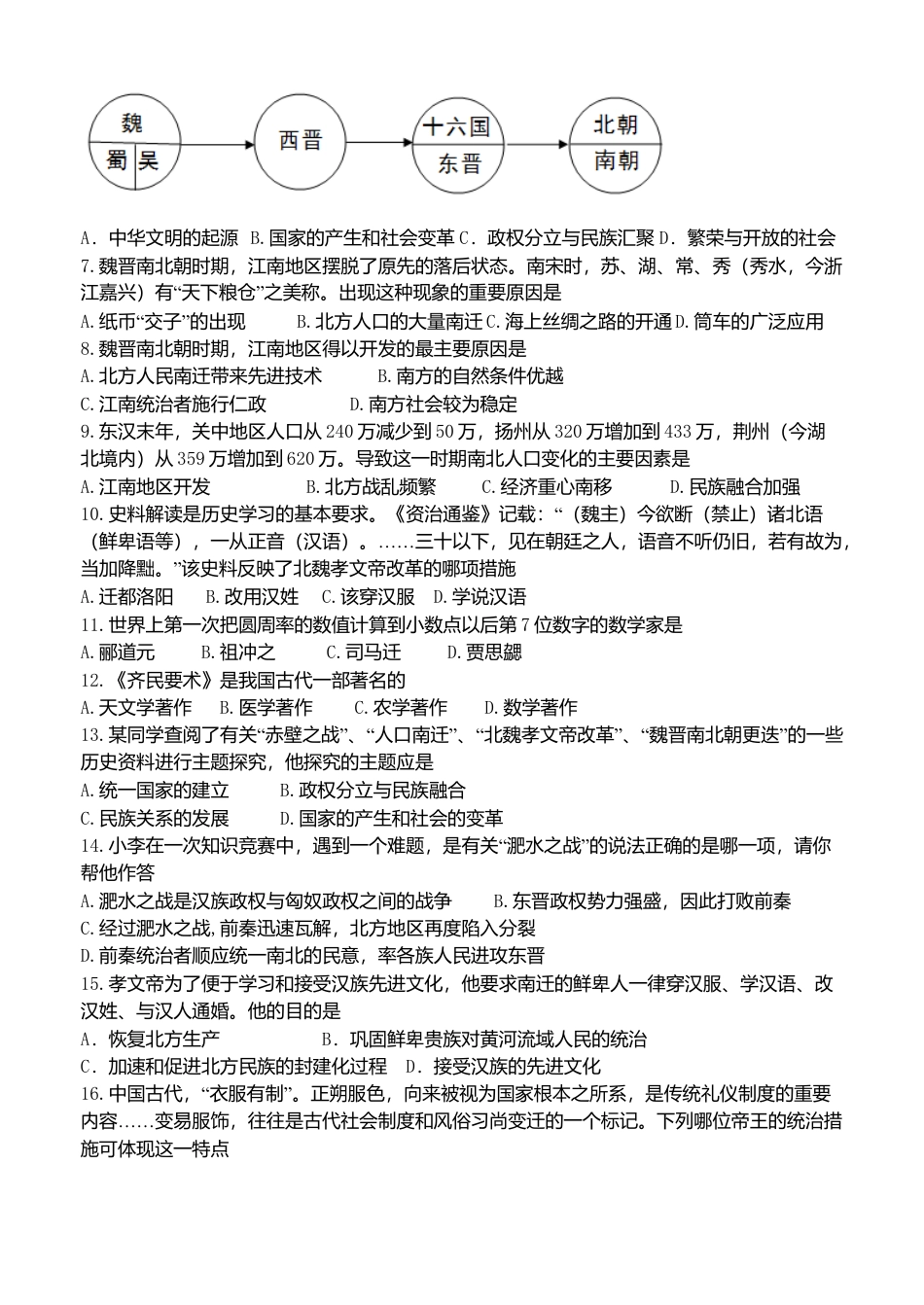 第4单元-三国两晋南北朝时期政权分立与民族交融-单元测试卷（含答案）.docx_第2页