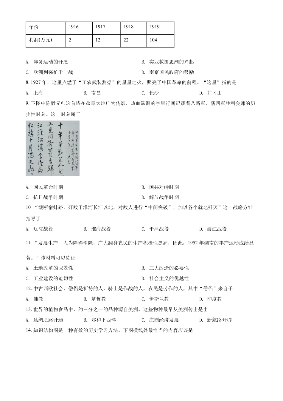 精品解析：2022年江苏省盐城市中考历史真题（原卷版）.docx_第2页