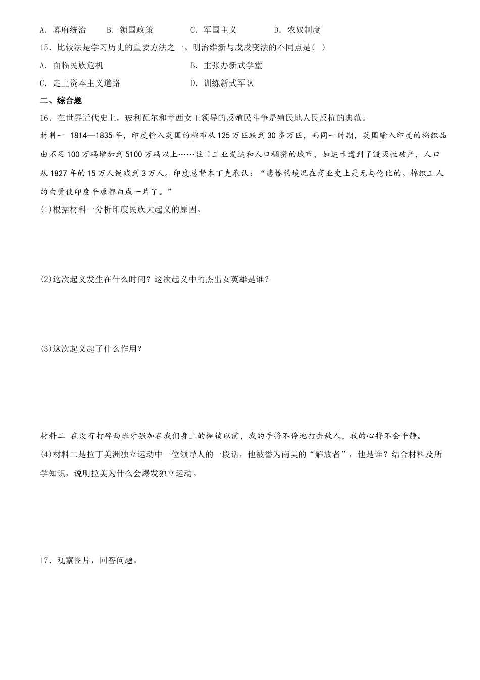 九年级历史下册试卷-第一单元 殖民地人民的反抗与资本主义制度的扩展（单元素养综合检测）.docx_第3页