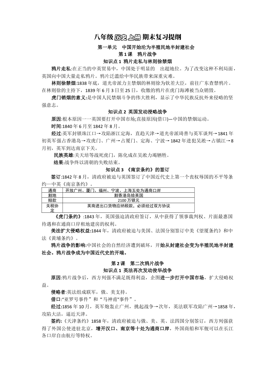 人教部编版历史八年级上册-复习提纲.docx_第1页