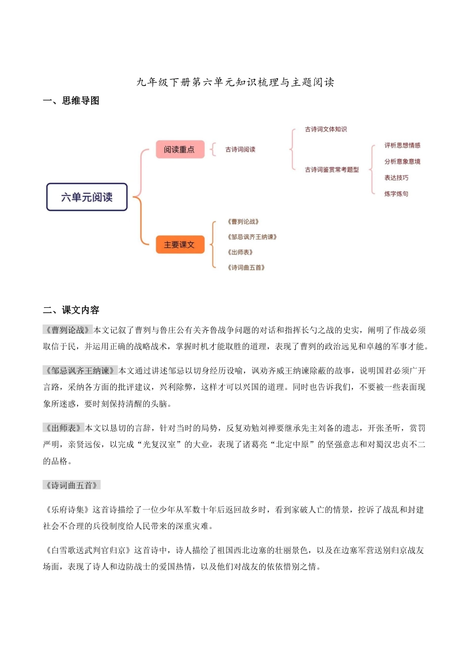 九年级下册语文-第六单元知识梳理与主题阅读(学生版）.docx_第1页