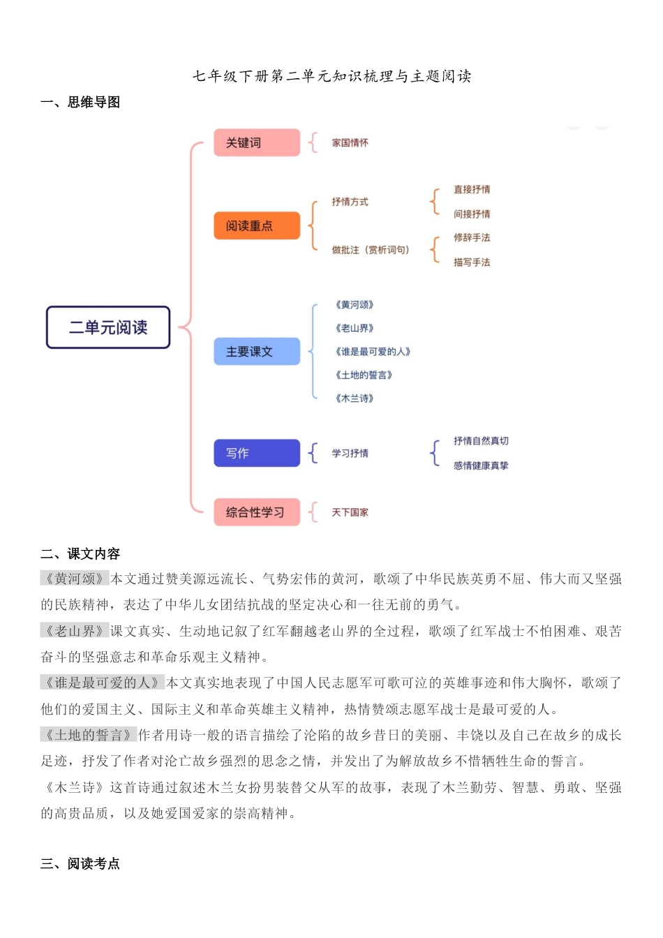 七年级下册第二单元知识梳理与主题阅读(学生版）.docx_第1页