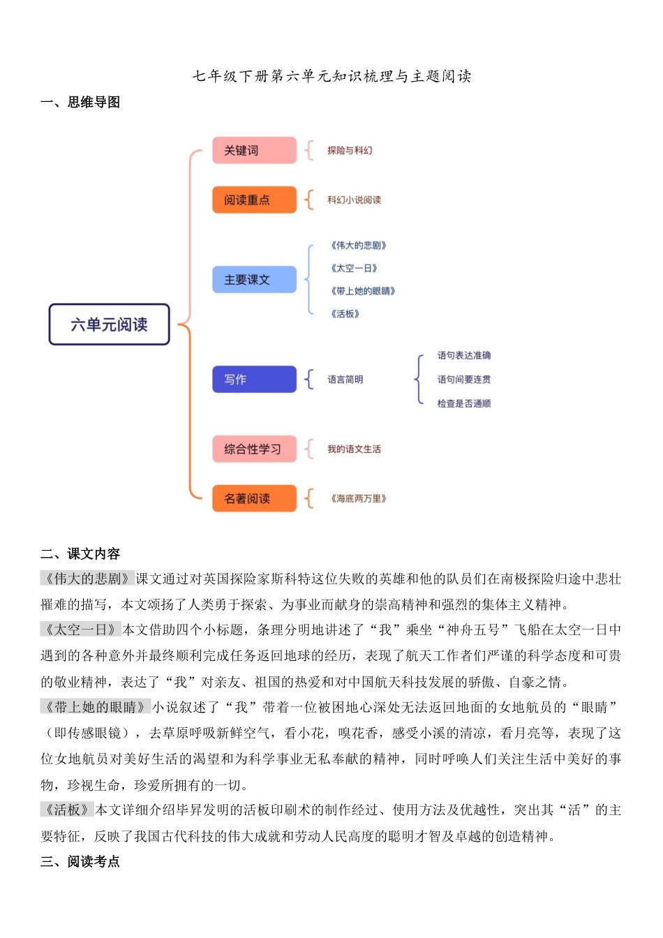 七年级下册第六单元知识梳理与主题阅读(教师版）.docx_第1页
