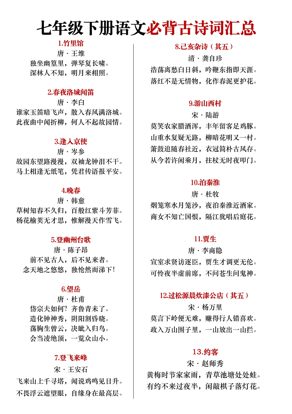 七年级下册语文必背古诗文+文言文汇总.pdf_第1页