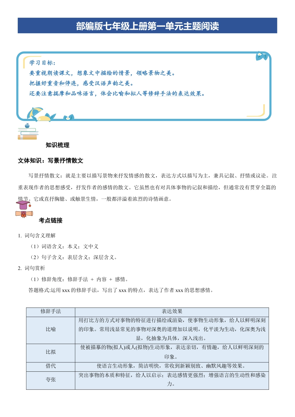七年级语文上册-知识梳理与专项训练-第一单元：写景抒情散文（学生版）.docx_第1页