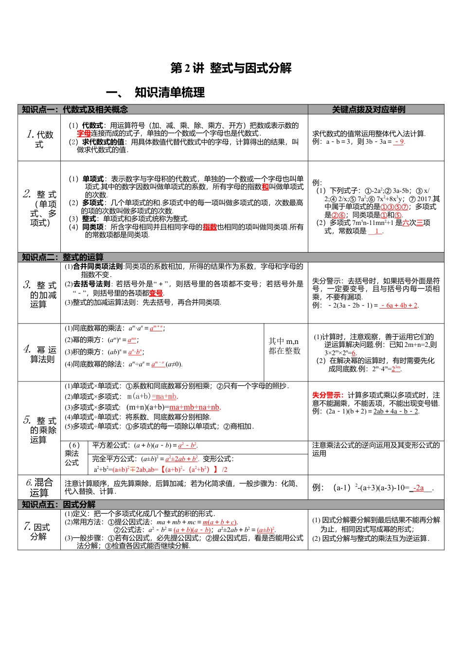 北师大版九下中考知识点-第2讲 整式与因式分解.docx_第1页