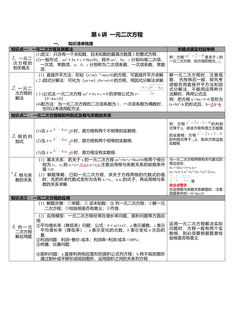 北师大版九下中考知识点-第6讲 一元二次方程.docx_第1页