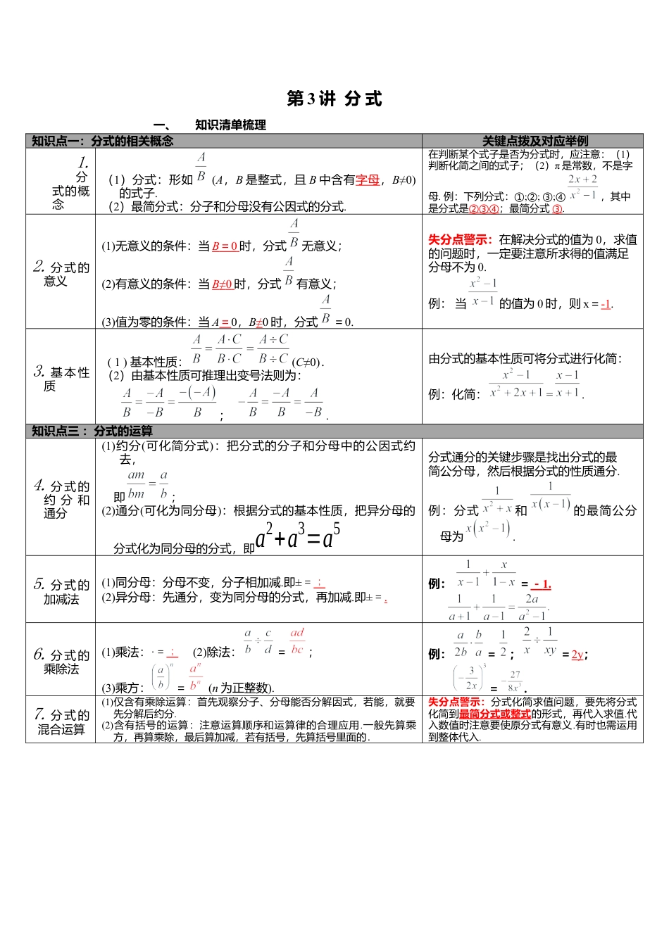 北师大版九下中考知识点-第3讲 分式.docx_第1页