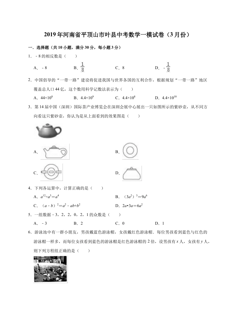 历年真题：2019年河南省平顶山市叶县中考数学一模试卷（3月）（含答案解析）.docx_第1页