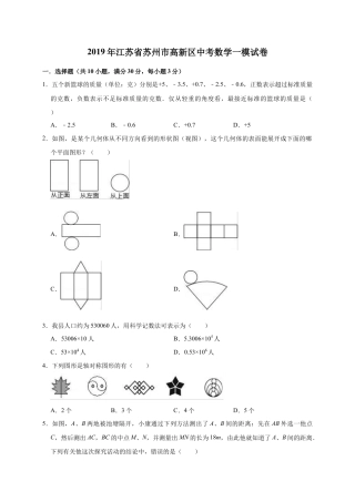 历年真题：2019年江苏省苏州市高新区中考数学一模试卷（含答案解析）.docx